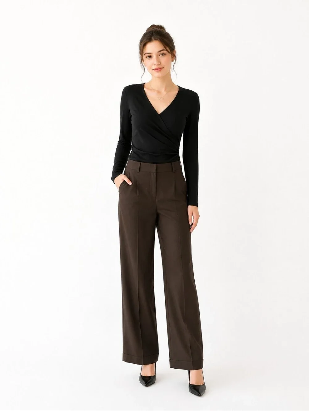 Wide-Leg Brown Dress Pants with Front Pleats - Picture 1 of 13